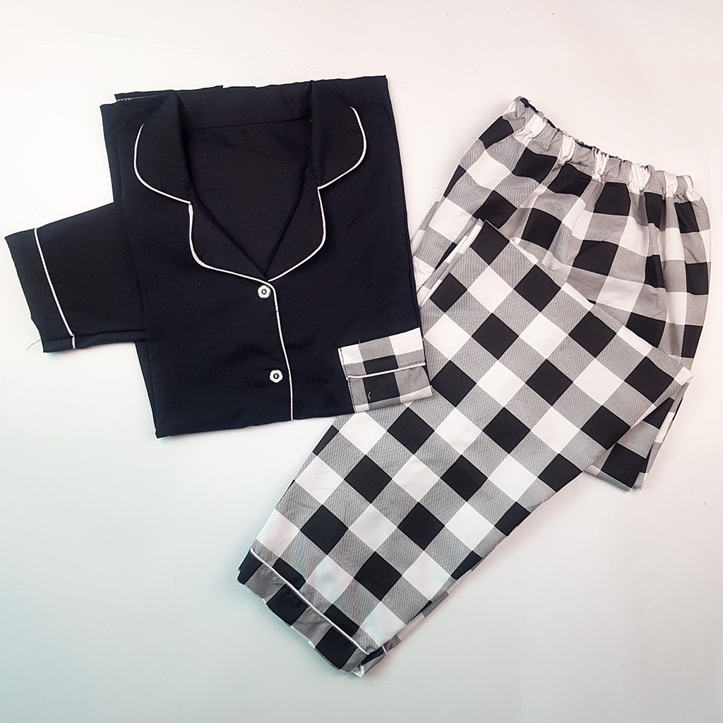 Stelan Baju Tidur Piyama Dewasa Lengan Panjang All Size Motif Lumina-PPL CATUR BLACK COMB