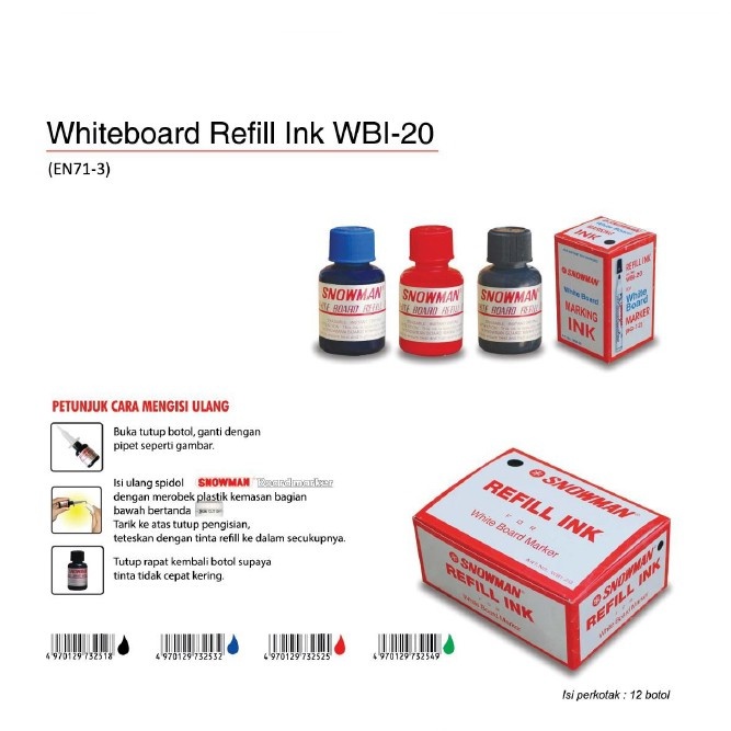 

Tinta Spidol Snowman WhiteBoard WBI-20 / Isi Ulang Sepidol Refil / Tinta Refill Spidol 107//TINTA SPIDOL/NON PERMANEN/SPIDOL SNOWMAN