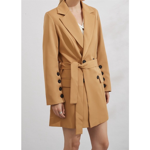 34132 Blazer Panjang Coklat Wanita Jas Kerja Kantoran Formal Double Breasted Blazer