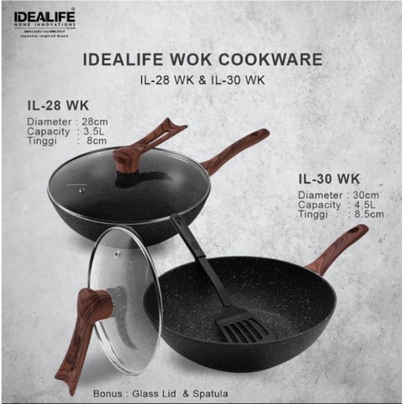 Idealife IL-28WK Wok Panci Masak Wajan Dengan Tutup Kaca 28cm Spatula Penggoreng Gorengan Penggorengan 28 cm wlshop wlshop1 Cook