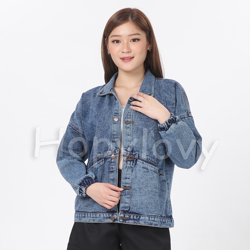 Jaket Jeans Tebal Oversize Wanita Lengan Manset Sava Carbera | Jaket Jeans Wanita Hype Tangan Karet