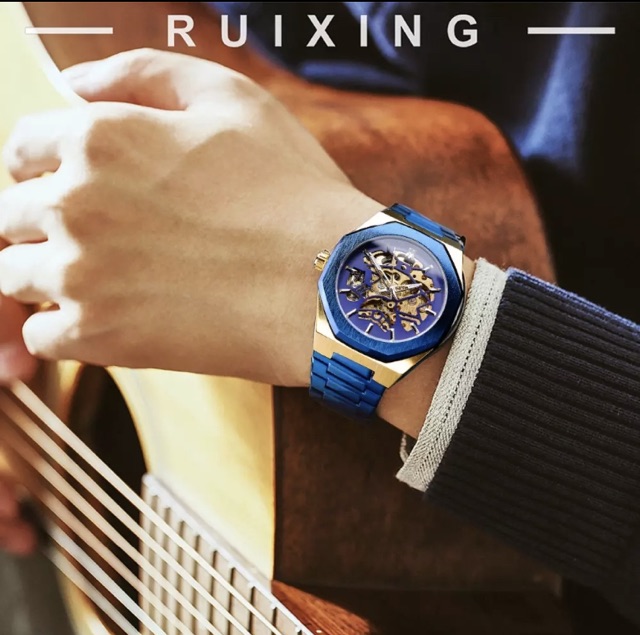 Jam Tangan Pria Automatic Forsining Oak Original Transparan Gold Royal Blue