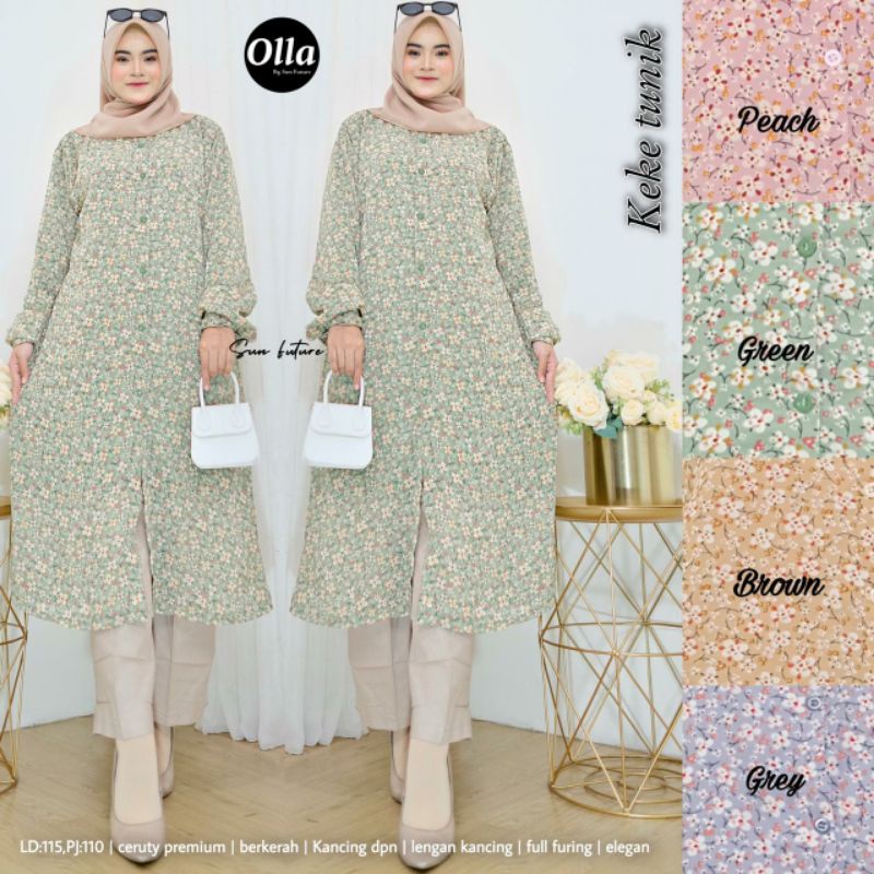 KEKE TUNIK BAHAN CERUTY LD 115CM PJ 110CM BERKERAH KANCING DEPAN LENGAN KANCING FULL FURING MODEL EL