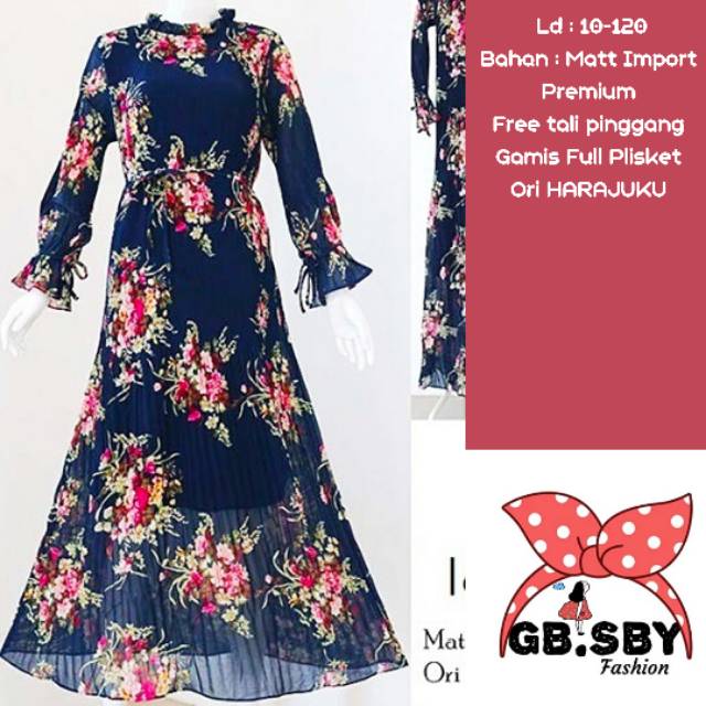 IMPORT BANGKOK MURAH - GAMIS DRESS PLISKET BUNGA SHABY NAVY ORI HARAJUKU