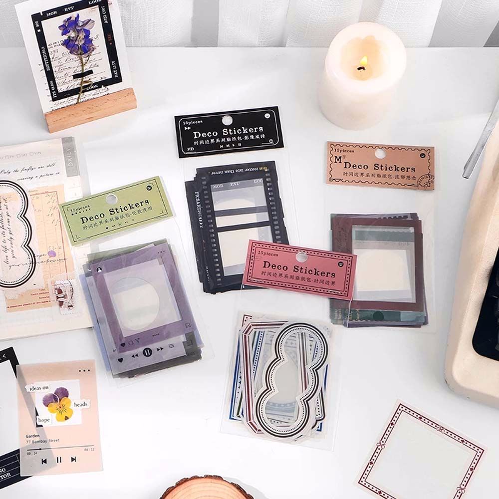 ELEGANT Diy Card Frame Series Stickers Transparent Vintage Gear of Memory PET Stickers 15pcs Time Boundary Series Photo Album Decorative Scrapbooking Background Decorative Junk Journal Decorative Frame Series Stickers Stationery Stickers