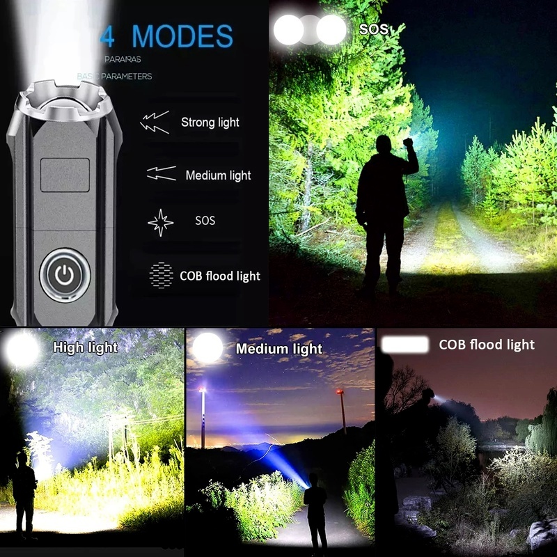 Lampu Senter Led Mini 4 Mode Zoom Adjustable Anti Air Usb Rechargeable Untuk Camping / Hiking