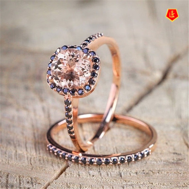 [Ready Stock]Rose Gold Topaz Ring Fashion Black Zircon