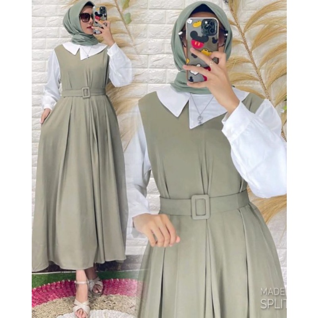 baju muslim wanita Rinzana Set dress freebelt / gamis dres Wanita Terbaru 2021 / Set Wanita Korean S
