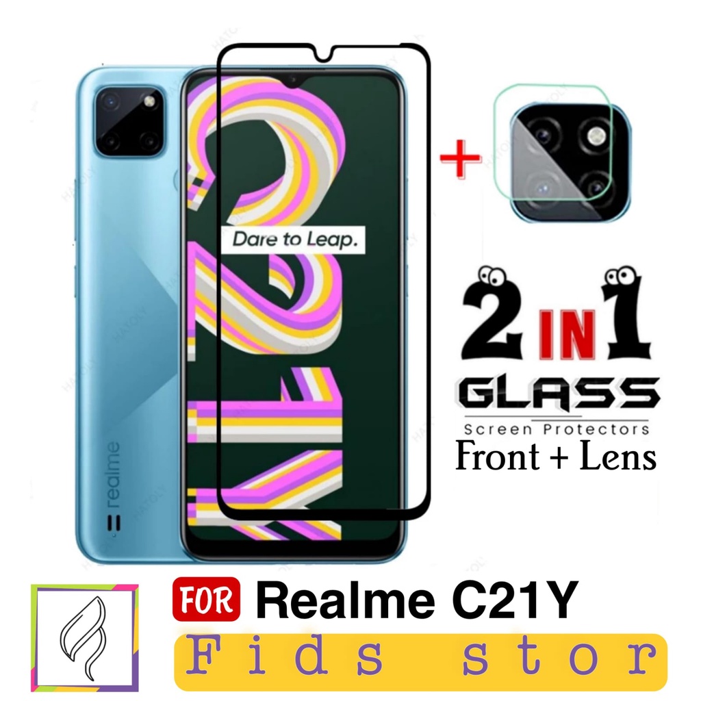 PROMO 2in1 Tempered Glass REALME C21Y Full Layar Cover Black Premium Free Tempered Glass Camera