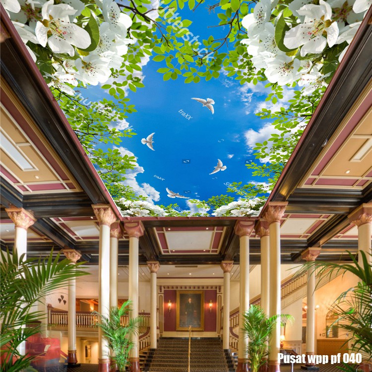 Promo Wallpaper Plafon, Dekorasi Plafon Motif daun Bunga 3d Berawan Cerah