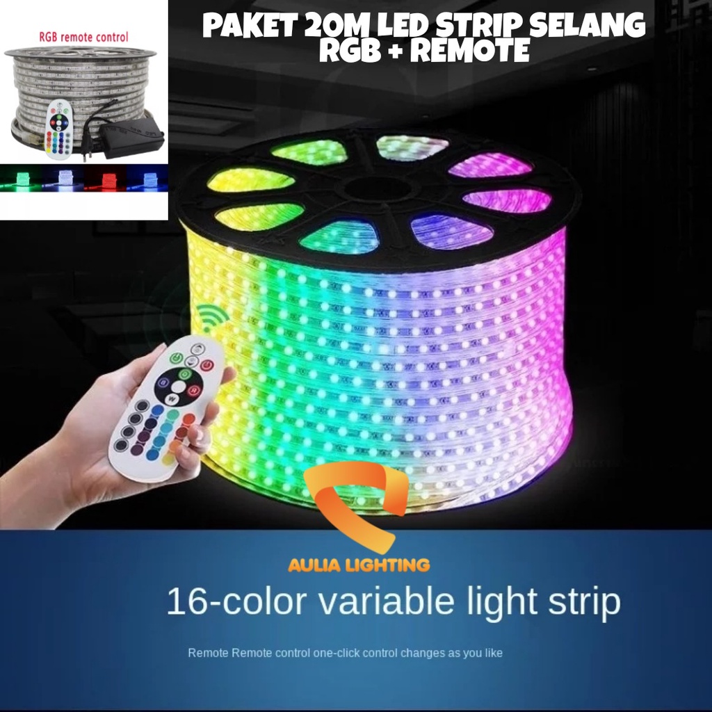 PAKET 20M 220V LED STRIP LIGHT SELANG RGB REMOTE WARNA WARNI 20 METER HIAS INDOOR OUTDOOR ROPE TANPA SAMBUNGAN CEILING KAMAR TIDUR PLAFON FULL COLOR 20 WARNA