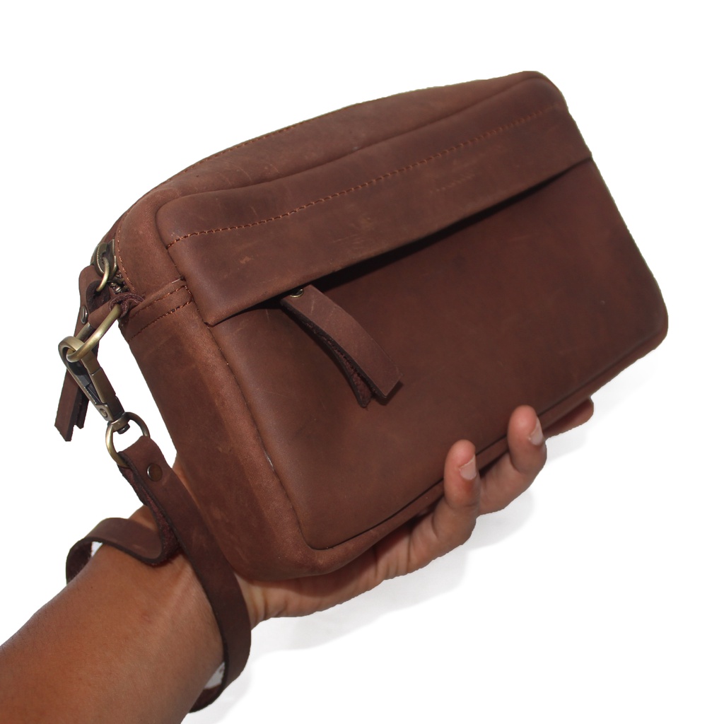 EMHB139 Clutch Pria Wanita Kulit Asli Pouch Hand Bag Tas Tangan cokelat