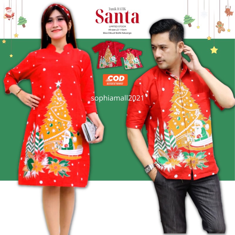 Dress Batik Natal Wanita Terbaru Bahan Katun Halus Motif Santa