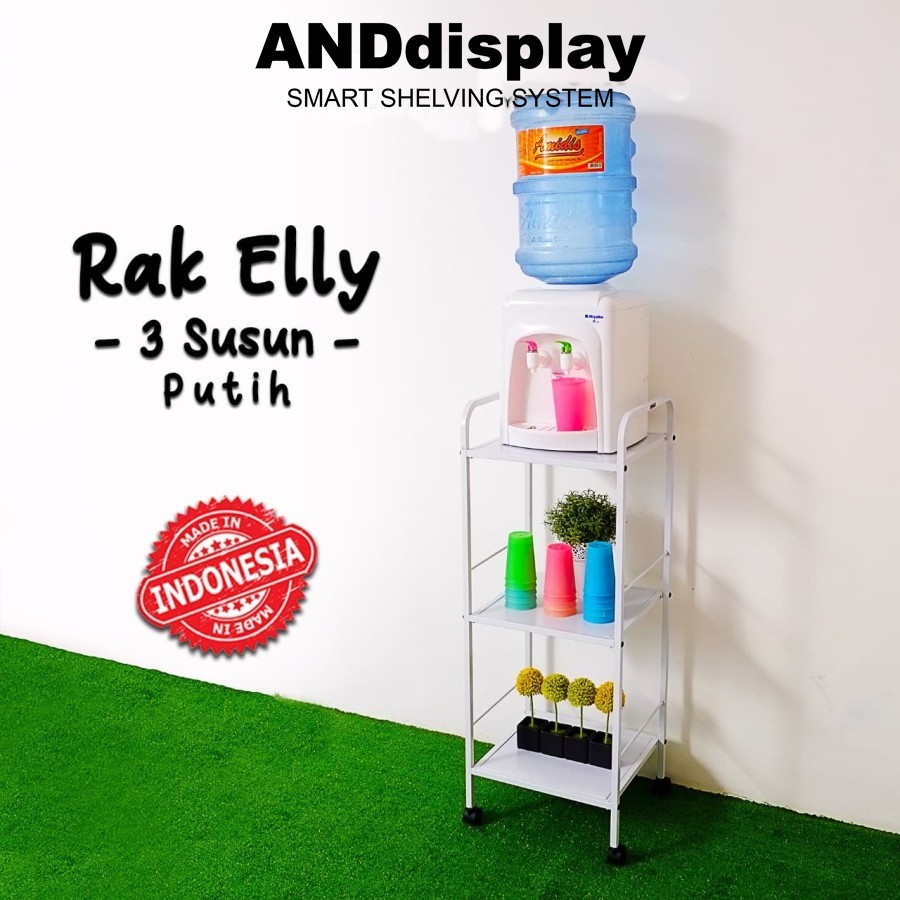 RAK ELLY 3 SUSUN PUTIH PLUS RODA RAK PENYIMPANAN DISPENSER MAGIC COM SERBAGUNA ANDDISPLAY