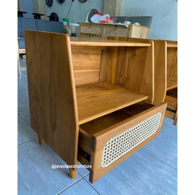 NAKAS RETRO ROTAN MINIMALIS SAMPING TEMPAT TIDUR KAMAR BESIDE TABLE PAJANGAN VINTAGE MURAH BAHAN KAYU JATI NATURAL-3