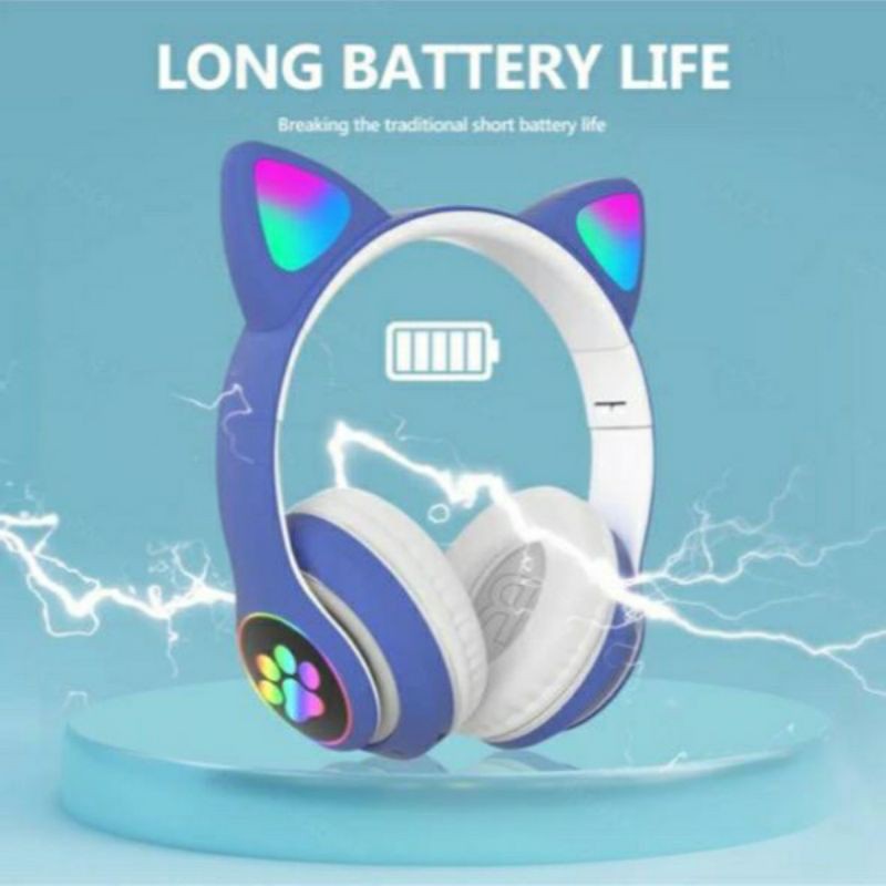 Headphone Bluetooth LED Cat Ear Macaron STN-28  Headset Eaerphone Wireless Bando Kucing LED