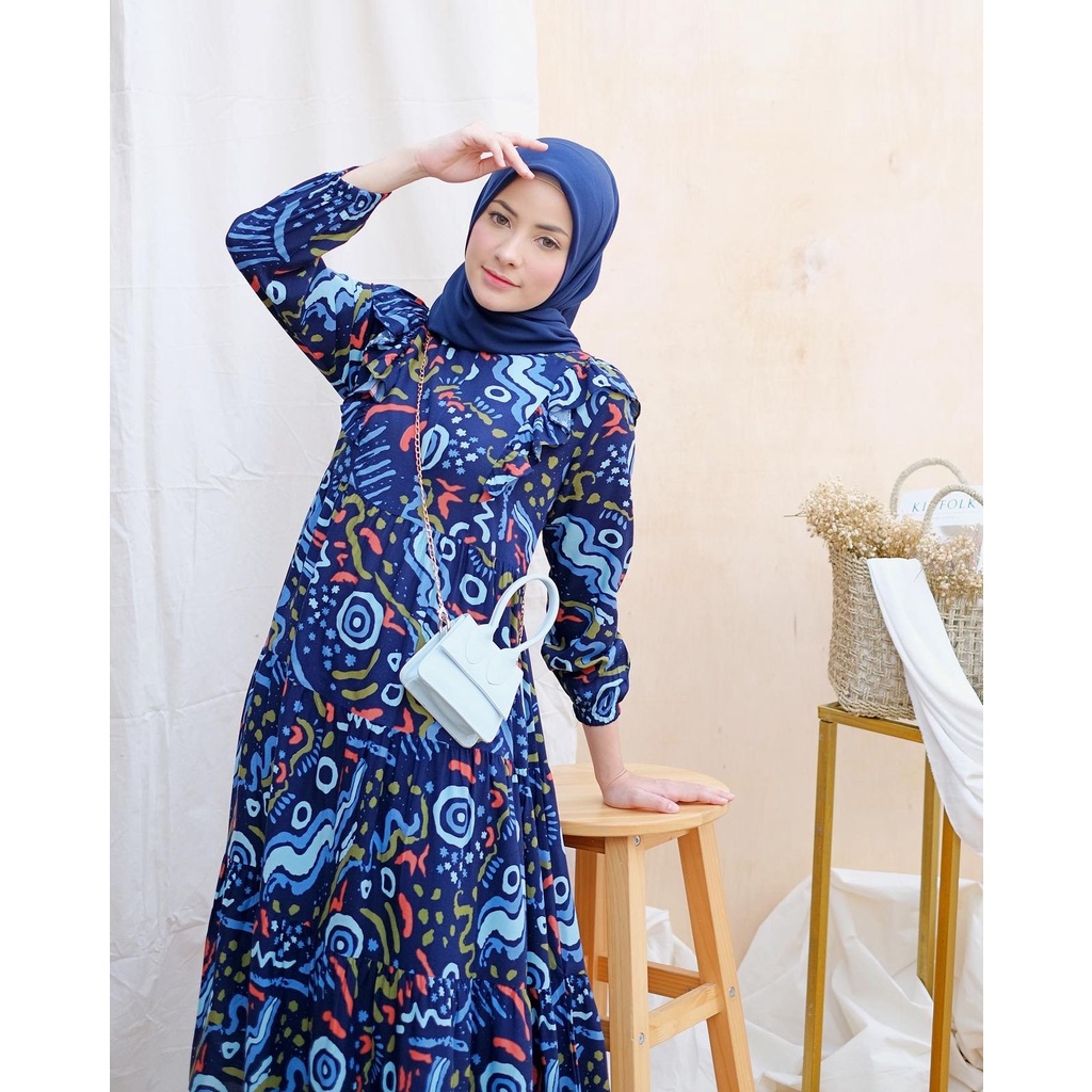 Ounadoutfit MIDI/DRESS MOSA wanita vintage kekinian busui / midi motif abstrak / dress motif rayon / midi dress muslim / homedress rayon motif