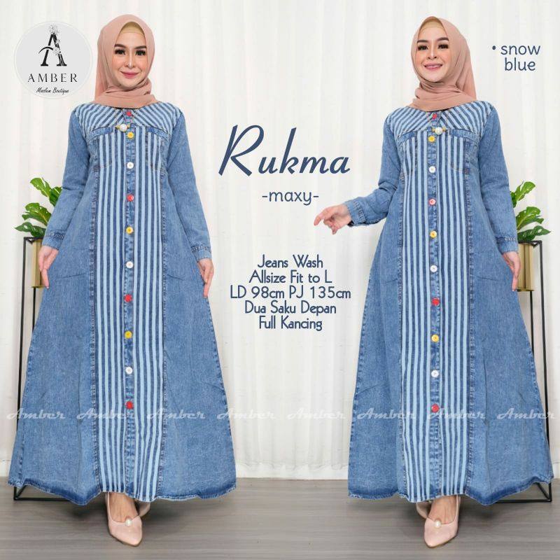Rukma Maxy Gamis Jeans Premium LD 98cm PJ 135cm Saku Depan Full Kancing