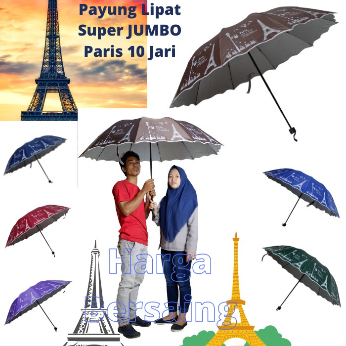 Payung Lipat 3 Super Jumbo Besar 10 Jari 10R Motif Paris Kuat Kokoh Imut Bagus Nagoya NF-404