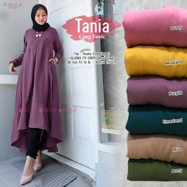 Atasan Wanita Muslim Jumbo Tebal Real Pict Tania Long Tunik Cantik Polos XXL Busui Original by Alila