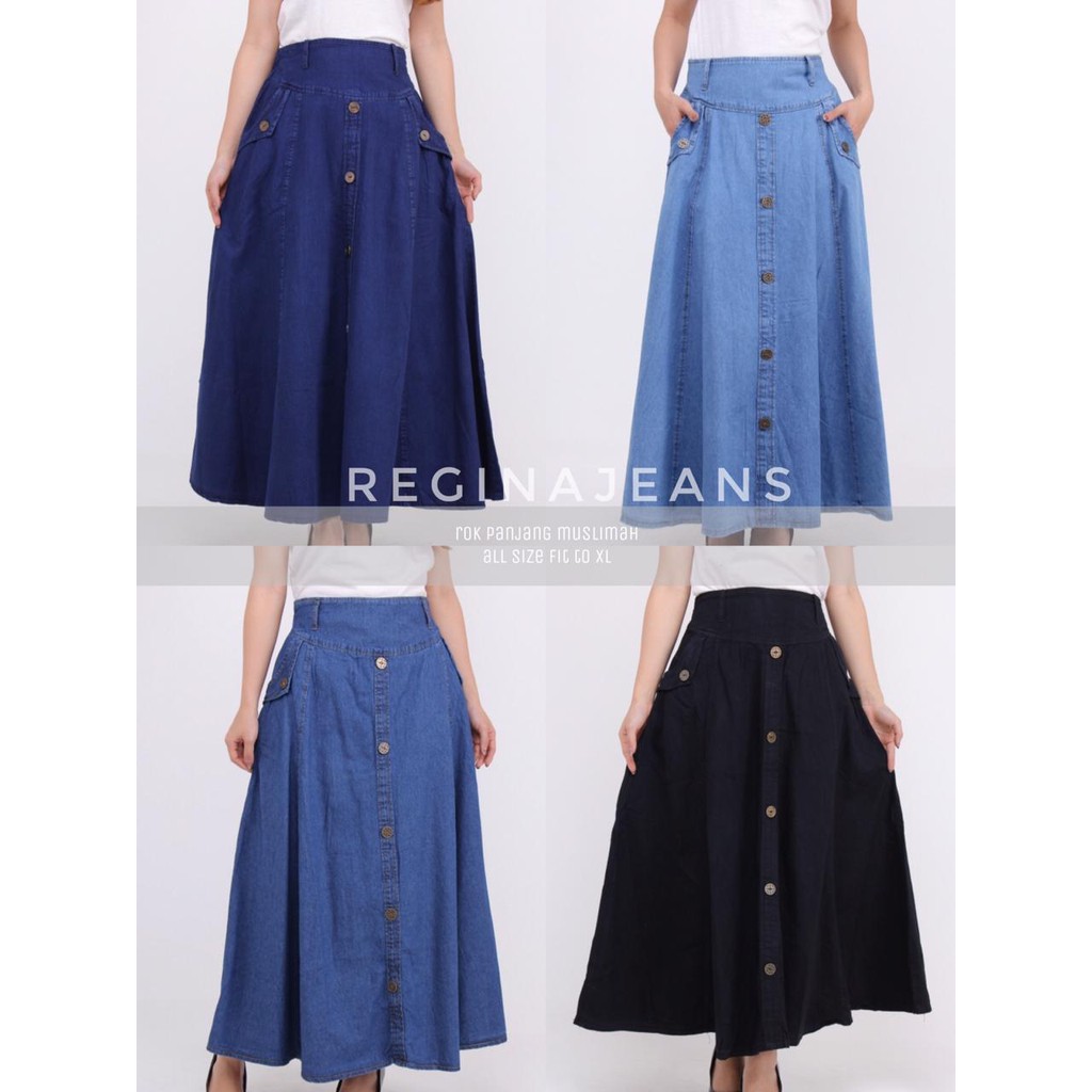 (4 Warna) Rok Panjang Polos Jeans Wanita Elegan Rok muslim Rok hitam Terusan Sopan Wanita Bigsize