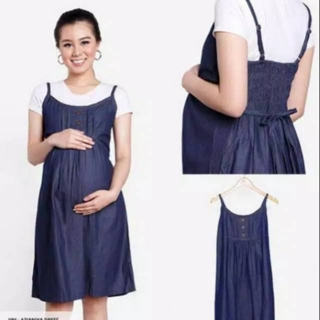 Dress hamil jeans overall tanpa inner