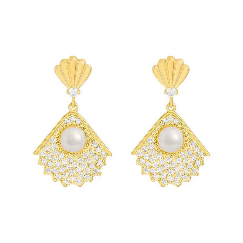 925 jarum perak penuh diamond mutiara anting-anting Korea sederhana berbentuk kipas kecil anting-ant