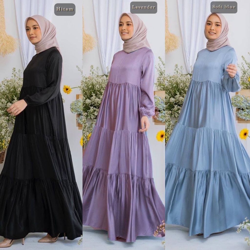 Mega Iskanti Dress Wanita Armani Silk Gamis Terbaru Lengan Panjang Karet Rufel Fashion Muslim Kekinian LD 105 cm