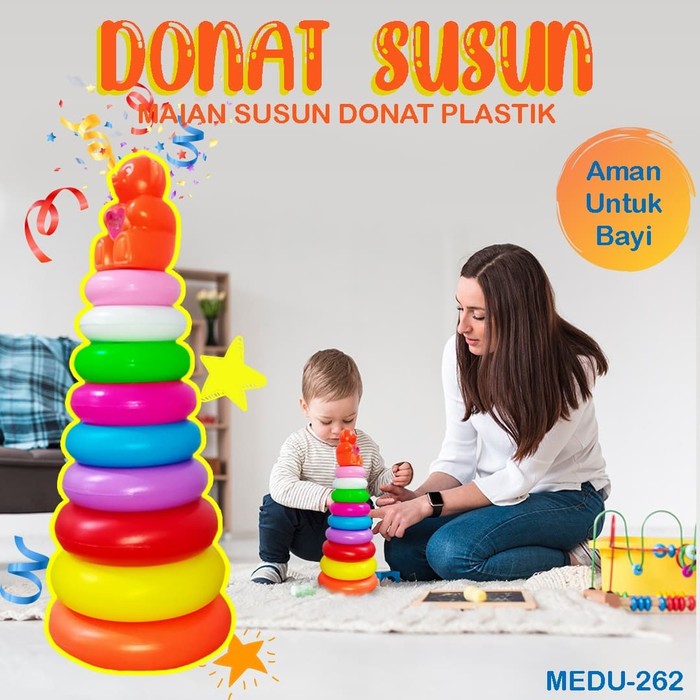 DONAT SUSUN balok ring susun puzzle anak edukasi warna pelangi menara tingkat