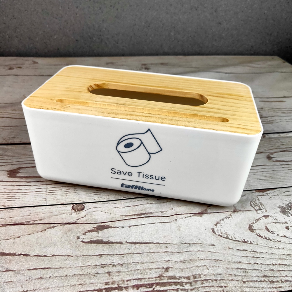 TaffHOME Kotak Tempat Tisu Kayu dengan Smartphone Holder Mobile and Tissue Box - White