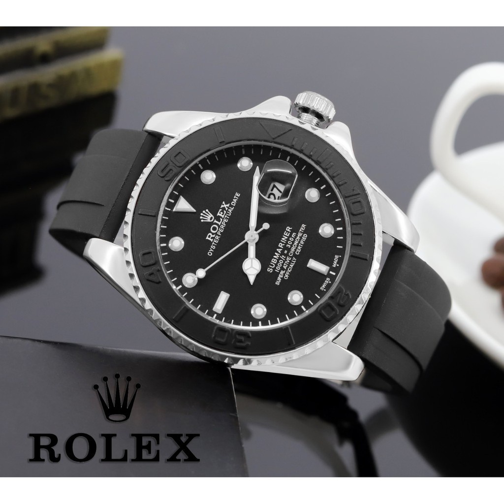 Jam Tangan Pria Rolex Rubber Submariner Tanggal Aktif Free Box Ori Rolex &amp; Baterai