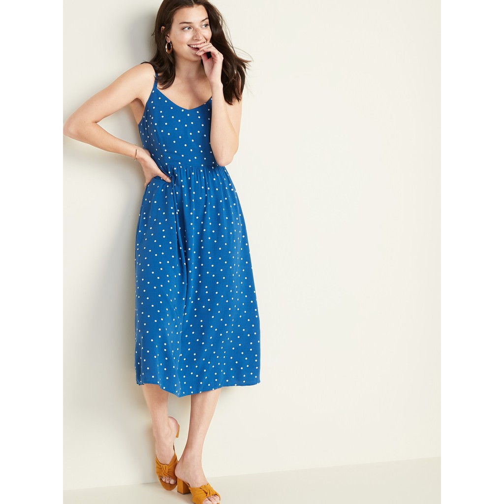 navy blue polka dot midi dress