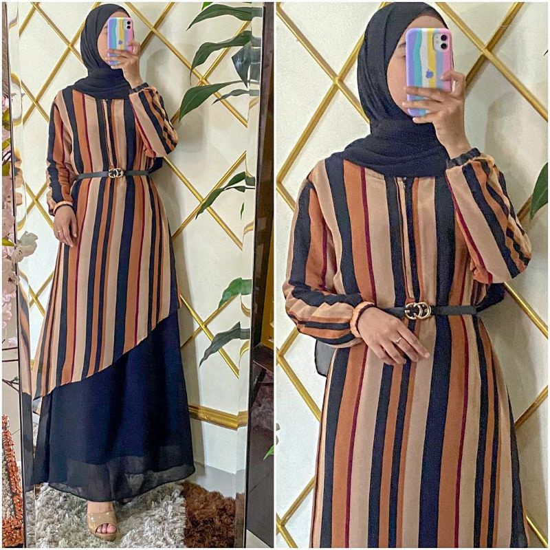 Gamis Ceruty Motif Salur Warna Dress Model Belah Runcing Baju Kurung Melayu Malaysia Set Gaun Seraga