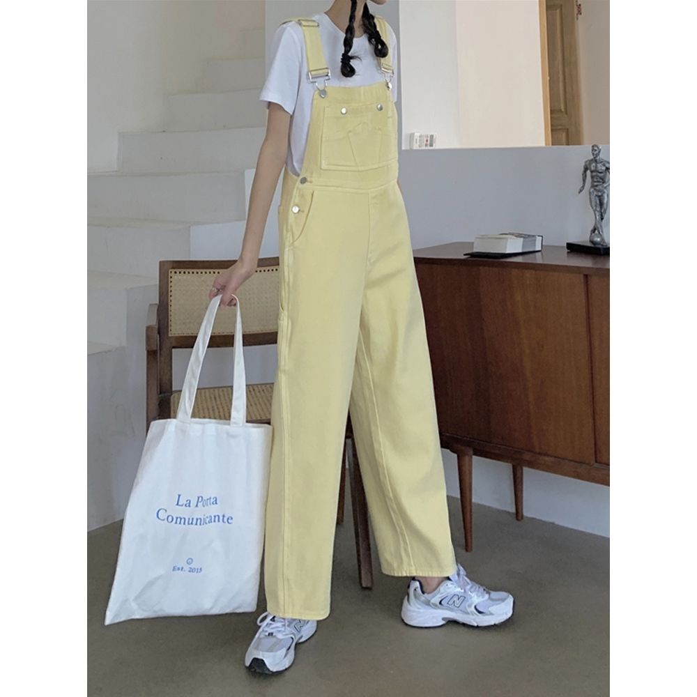 Overall denim segar wanita 2022 baru versi Korea dari celana panjang siswa jumpsuit lurus kaki lebar