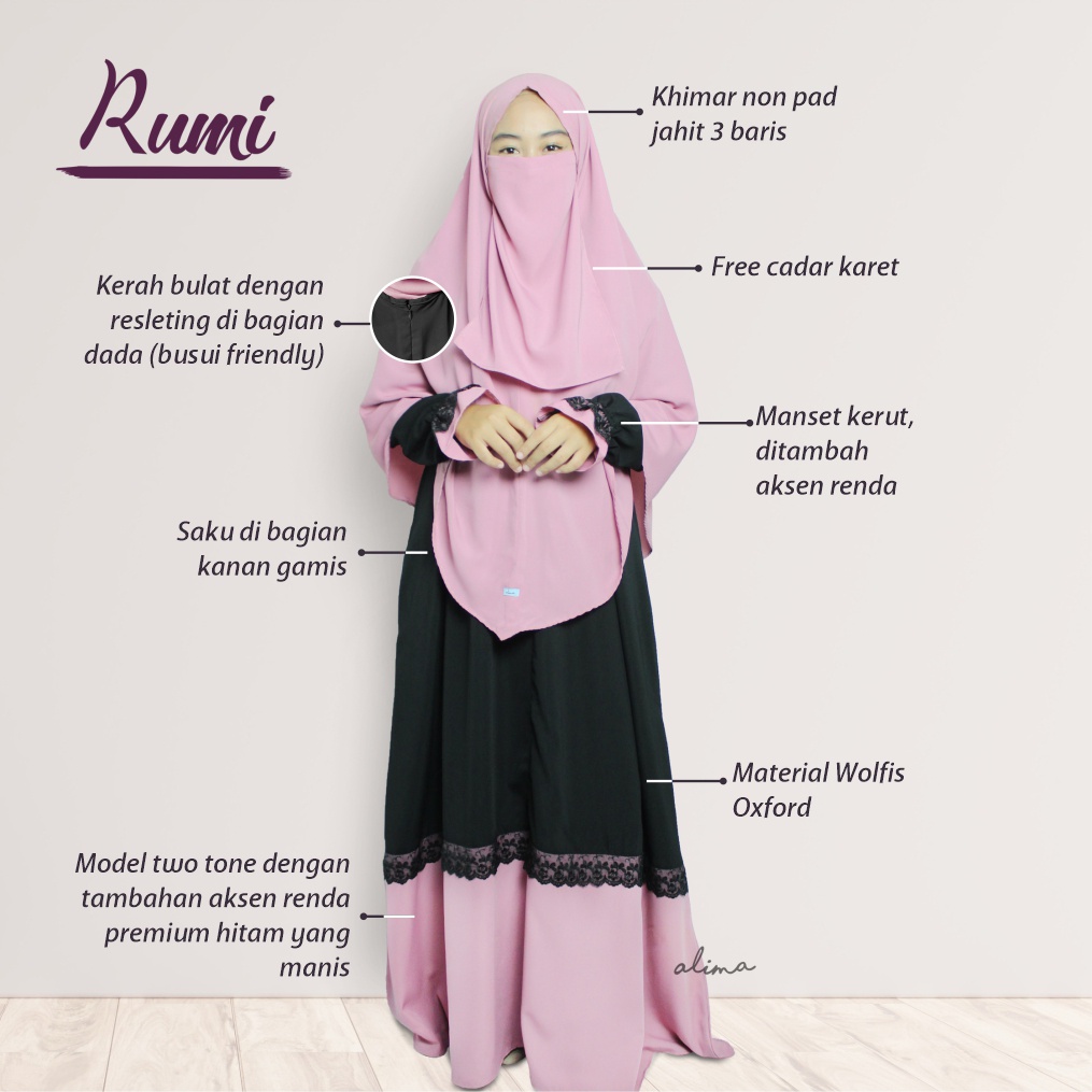 Gamis Set Syari Wolfis Free Cadar Rumi By Alima Indonesia