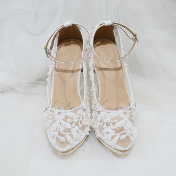 Kezia wedding heels brukat putih bunga bordir 10 cm kristal payet