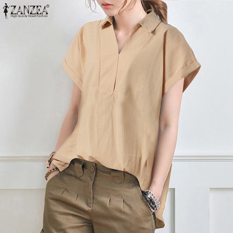 ZANZEA Women Summer Short Sleeve Plus Size Cotton Blouse Solid Color Shirts