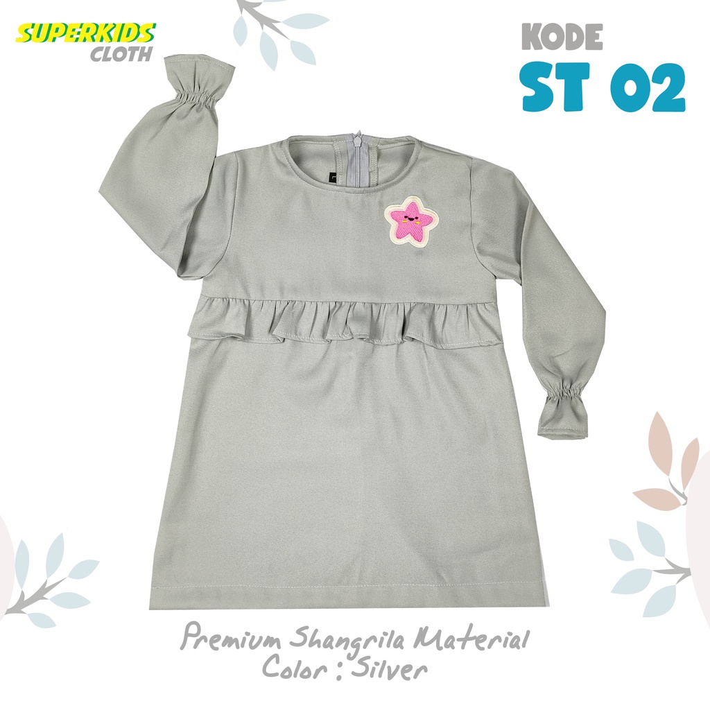 Setelan Baju Muslim Anak Perempuan Tunik Set Gamis Anak Perempuan Dress Anak SuperkidsCloth Silver Abu Bintang 1 - 10 Tahun