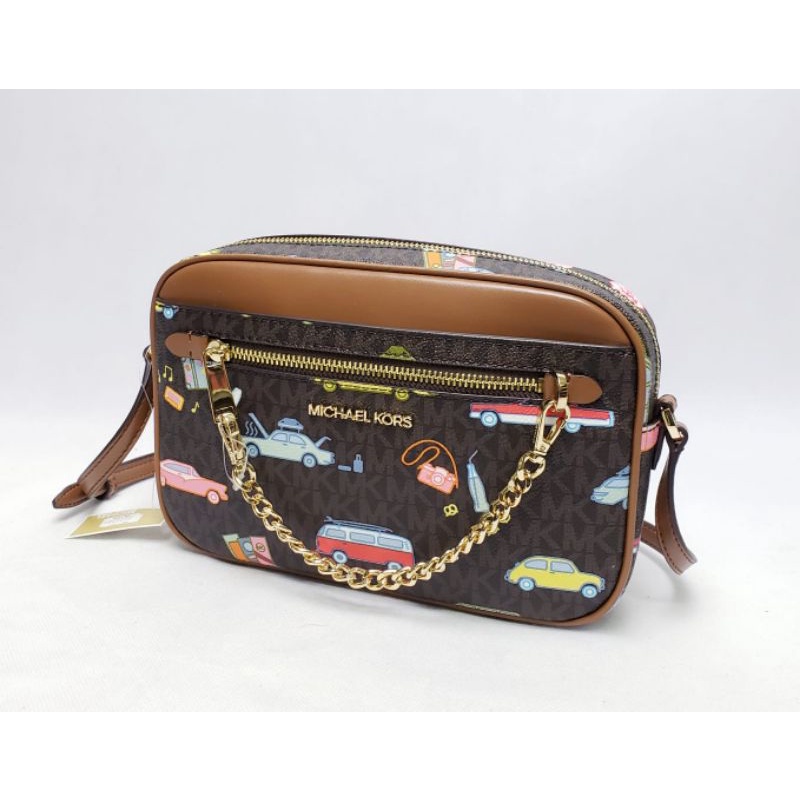 Authentic *Ready mk desert road trip jsi large zip chain xbody. Brown multi.