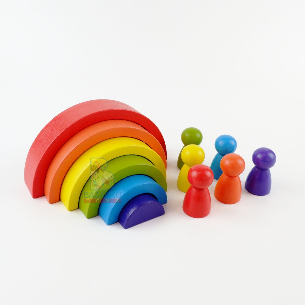 Rainbow Stacking Blocks Wooden Balok Susun Mainan Kayu Mainan Balita Balok Kayu Wooden Toys Wooden Puzzle