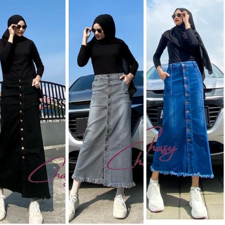 Recomended.. Rok Panjang Gisca Kancing Depan . Rok Jeans Panjang Kancing Depan Murah