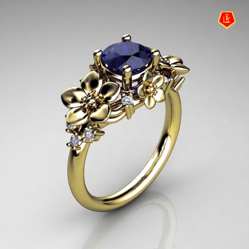 [Ready Stock]Creative Silver Inlaid Sapphire Flower Ring