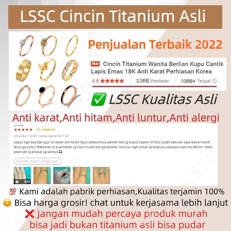 Cincin Titanium Wanita Berlian Kupu Cantik Lapis Emas 18K Anti Karat Perhiasan Korea