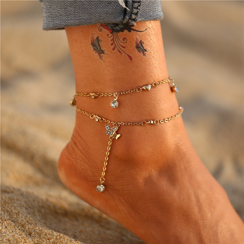 Gelang Kaki Multilayer Dengan Liontin Butterfly Gaya Retro Korea