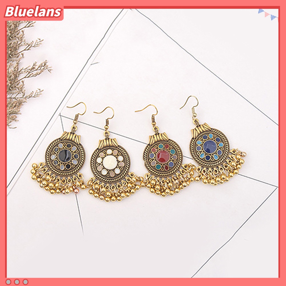 Bluelans Women Ethnic Tassel Disc Flower Bead Pendant Long Dangle Hook Earring Jewelry