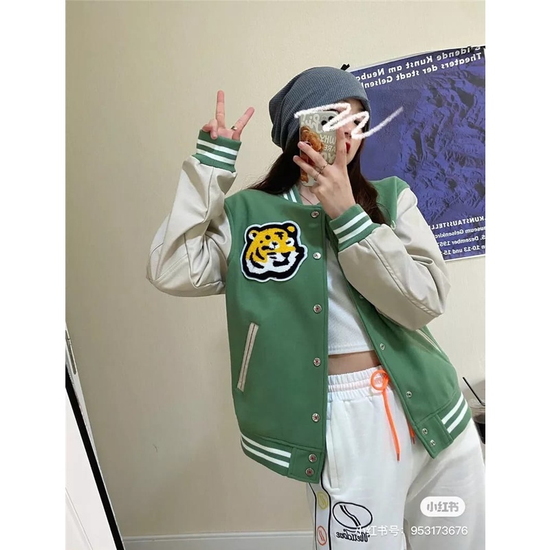 Tiger Head Sage Green Color Jacket Baseball Varsity Premium Fleece Tebal Outerwear Jaket Base ball R