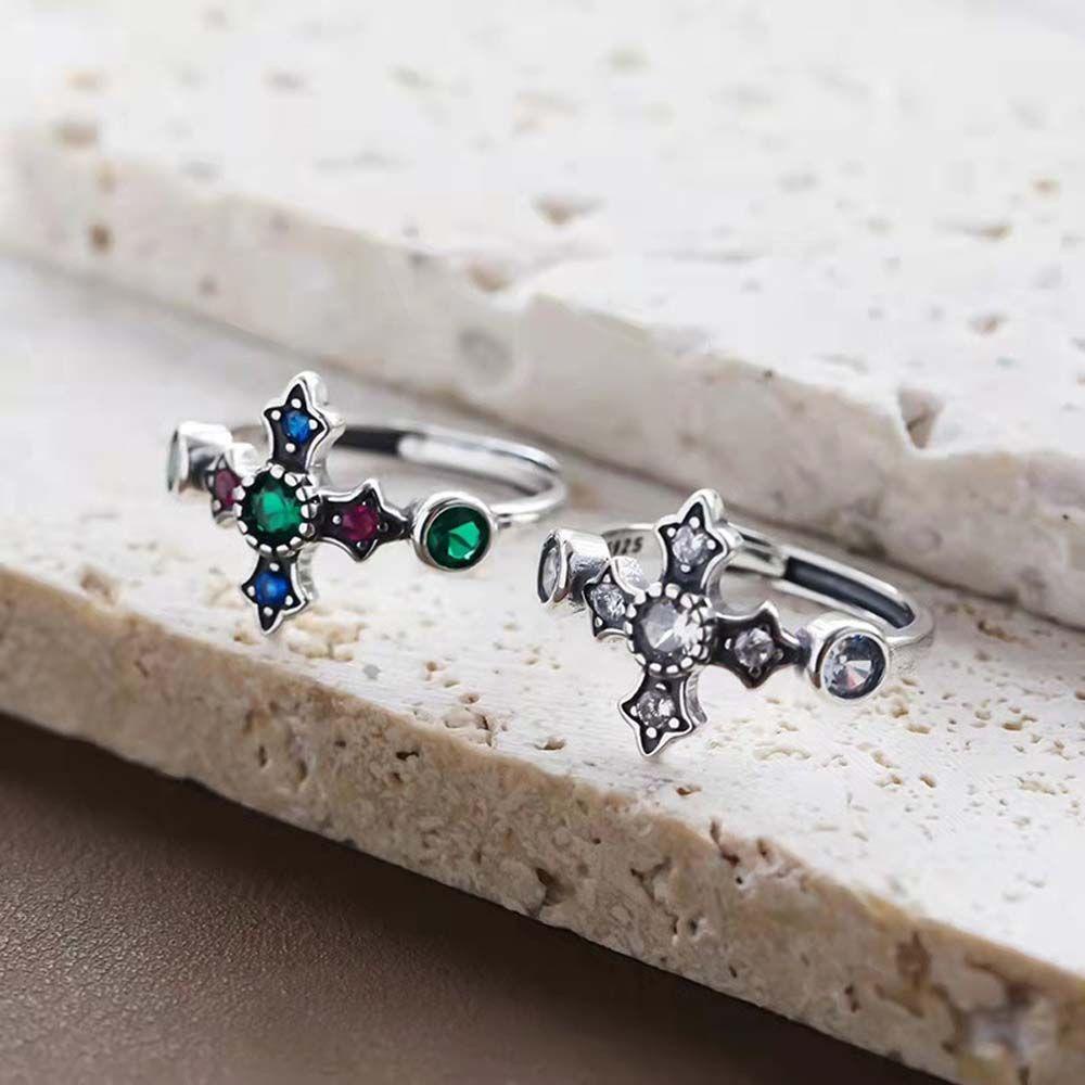 [Elegan] Cincin Terbuka Pasang Niche Cross Pacar Zirkon Vintage Knuckle Ring