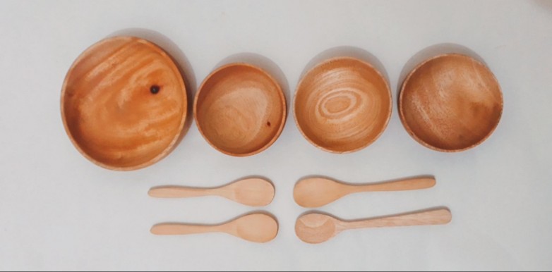 1 Set Mangkok Kayu Dmt 8cm + Sendok Pj 10cm Atau 12cm / Mangkok Masker/ Mangkok Sambal