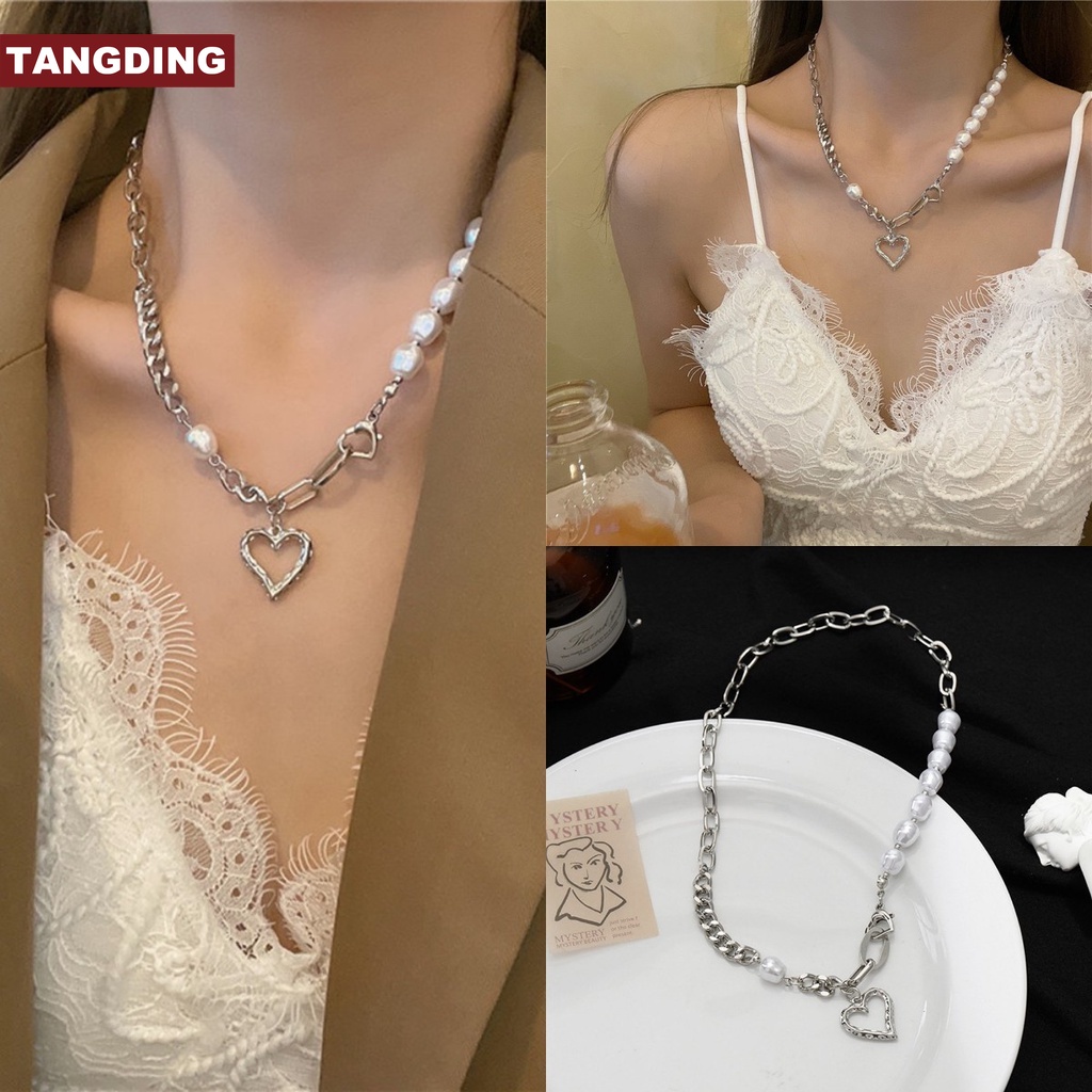 【COD Tangding】Natural Pearl Love Splice Female Light Luxury Temperament Advanced Sense Clavicle Chain Summer Choker