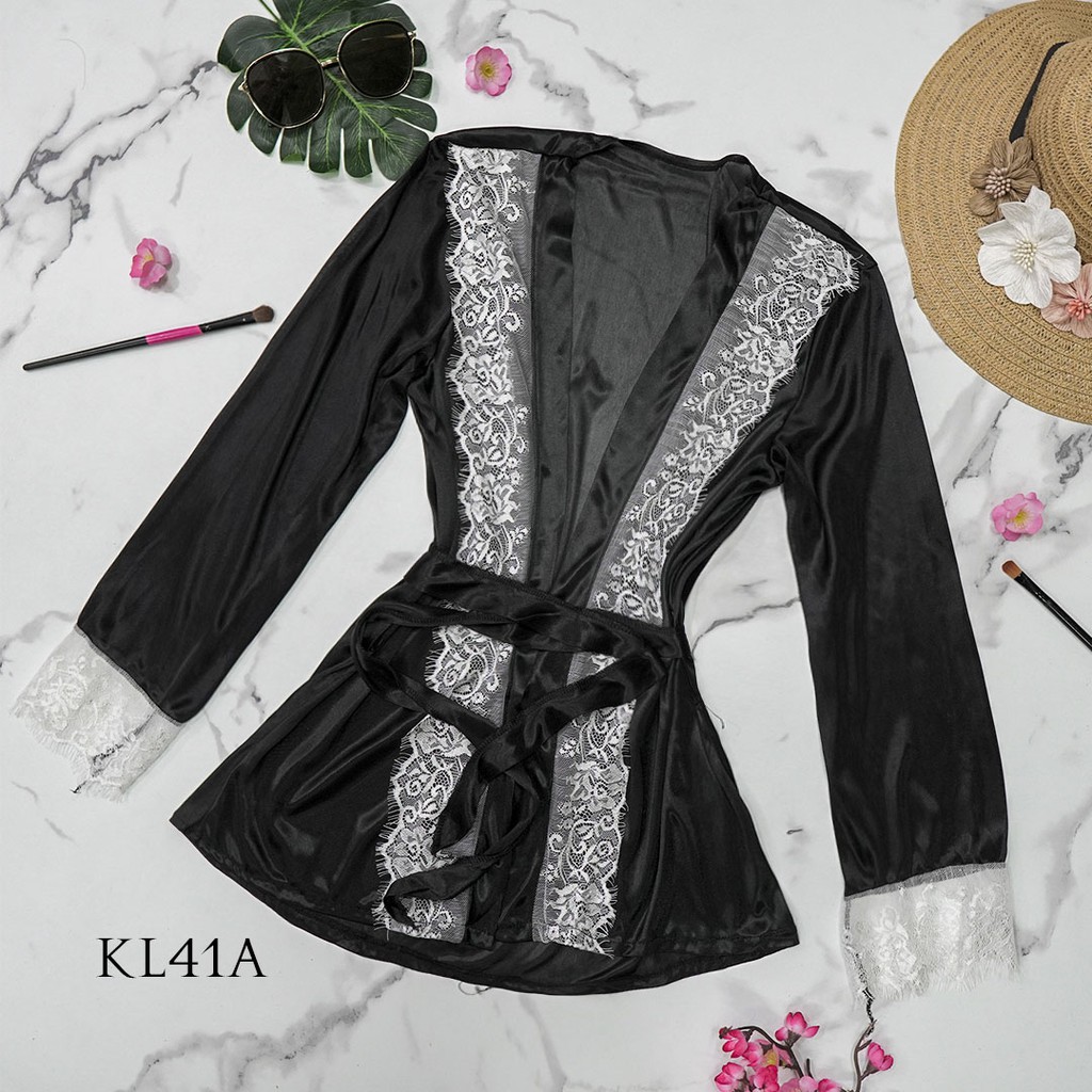 [SIAP KIRIM] LINGERIE KIMONO BAJU TIDUR WANITA PIYAMA IMPORT SATIN HITAM KL41A